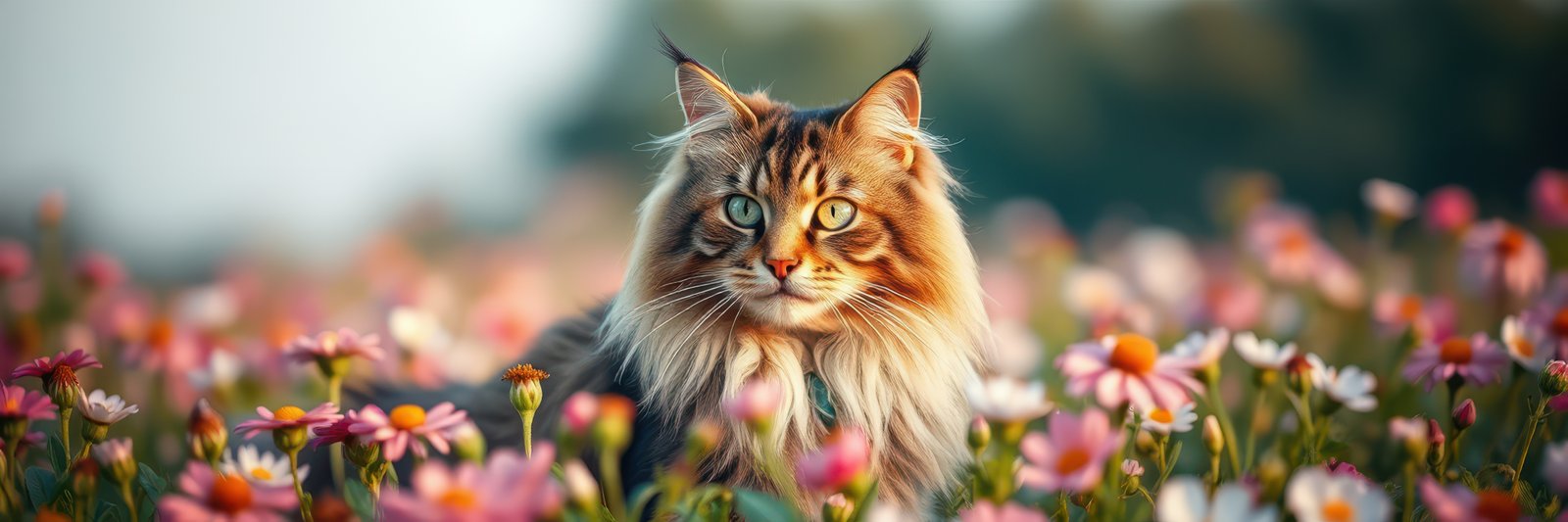 Majestic cat exploring a vibrant flower field during sunrise in a peaceful rural setting
